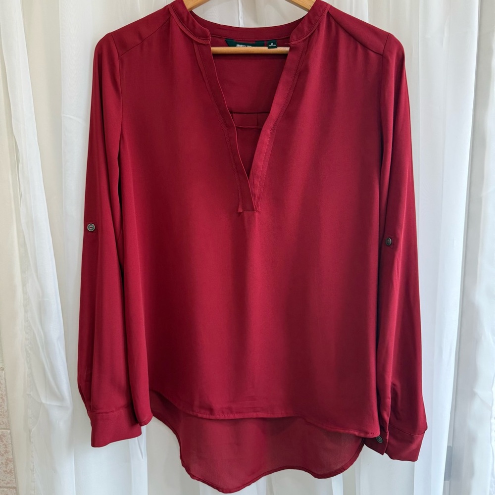 Simply Vera Vera Wang Burgundy Roll-Tab Sleeve Popover Blouse - Medium